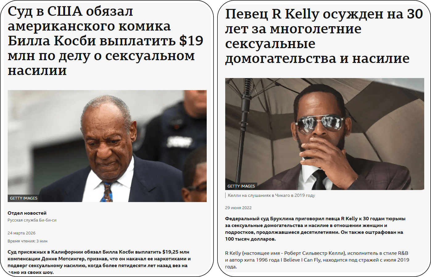 Публикации СМИ о приговорах Биллу Косби и R Kelly